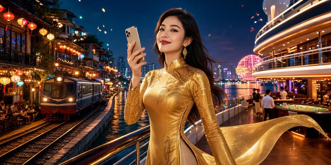 Người dùng Hà Nội trải nghiệm ứng dụng casino mobile a3x trên điện thoại trong trang phục áo dài